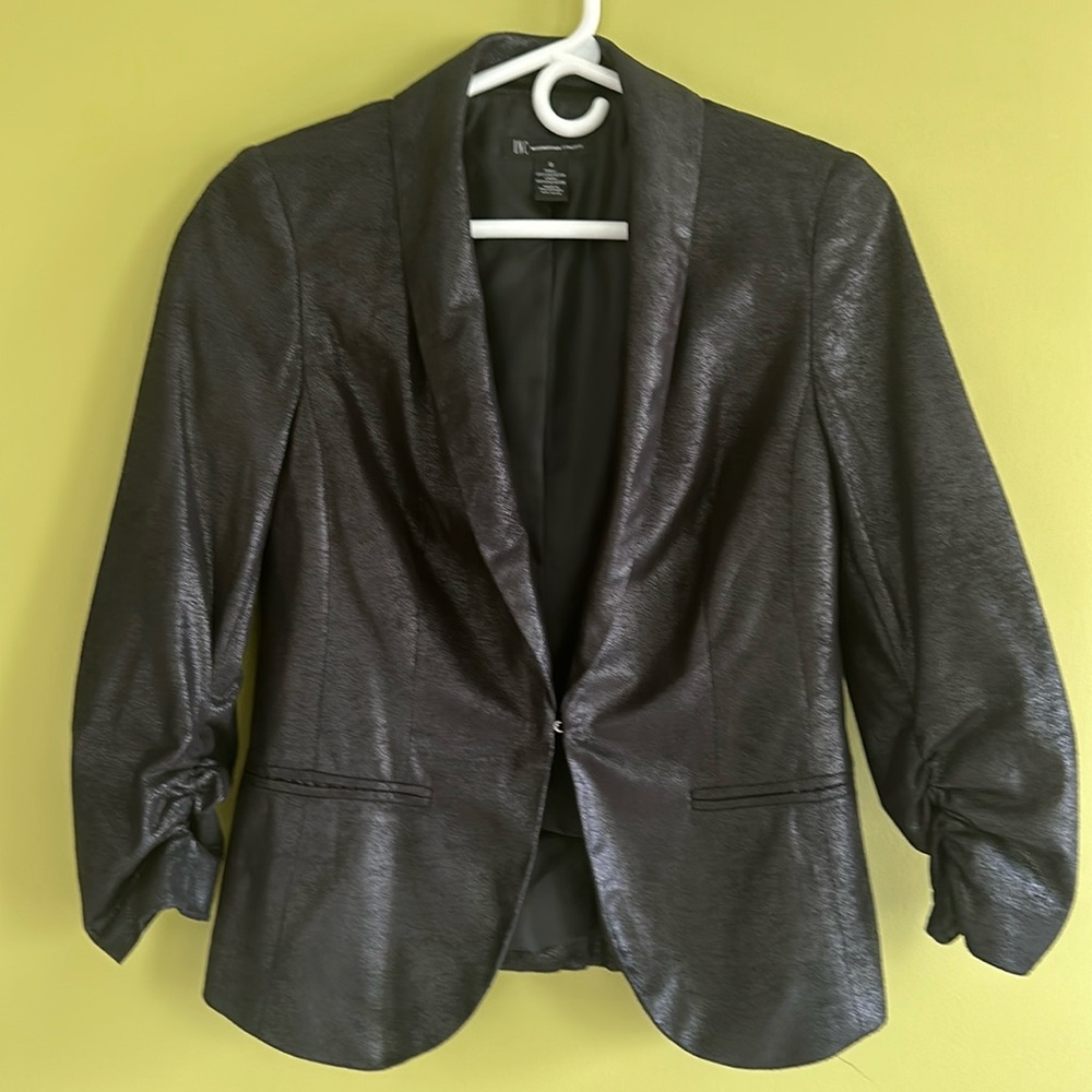 INC International Concepts black soft blazer with ruched sleeves.